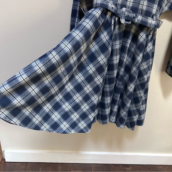 OMO Norma Kamali ~Blue Plaid Cotton Flannel Vintage 80s Belted Shirtdress size 8 - Picture 5 of 16